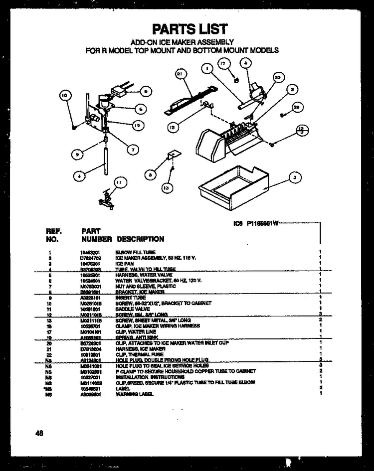Add-on Ice Maker Assembly For R Model Top Mount And Bottom M Diagram and Parts List for TG18RBW-P1158303WW  Amana Refrigerator