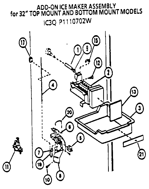 Icemaker Add On Diagram and Parts List for 85978-P1117004W  Amana Refrigerator