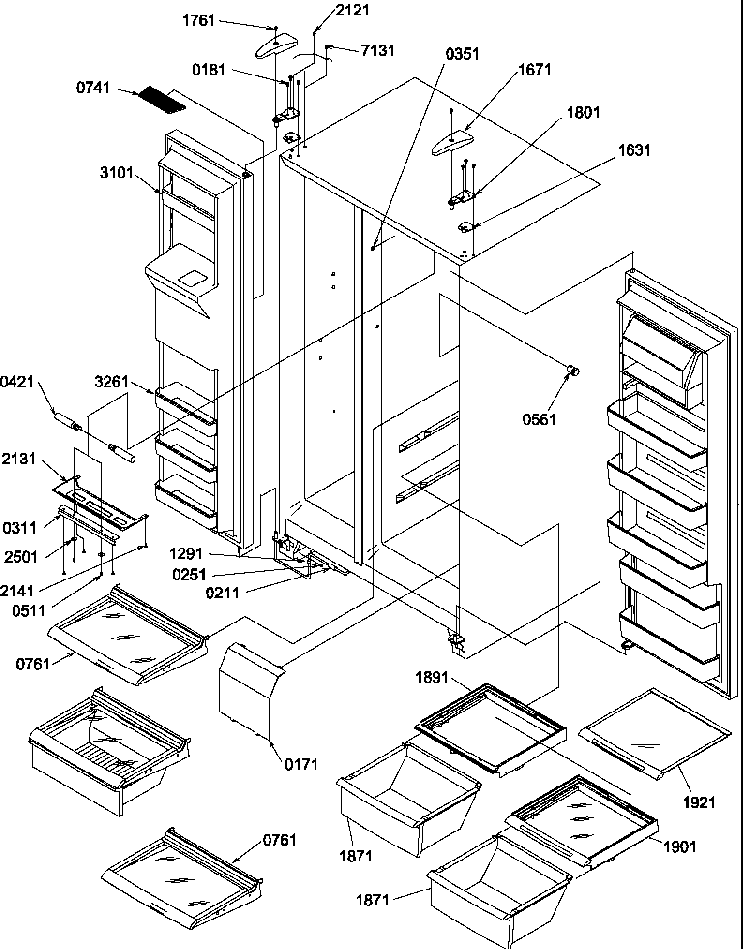 Refrigerator/freezer/shelves, Lights And Hinges Diagram and Parts List for SXD322L-P1313901WL  Amana Refrigerator