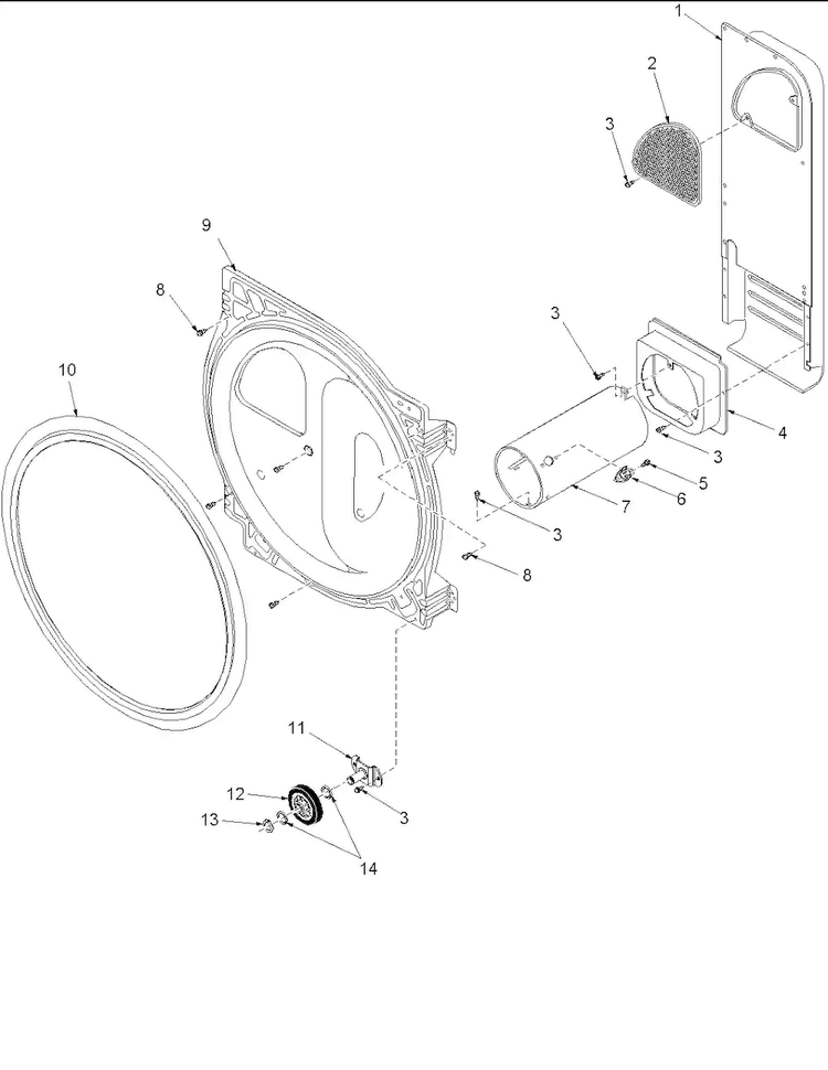Rear Bulkhead, Rollers & Air Duct Assy Diagram and Parts List for ALG643RAW-PALG643R  Amana Dryer