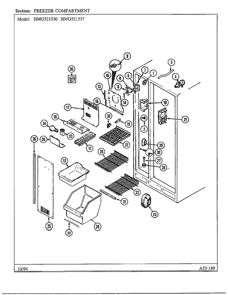 Freezer Compartment Diagram and Parts List for 52153-0A  Admiral Refrigerator