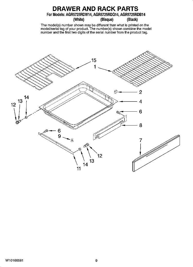 DRAWER AND RACK PARTS, OPTIONAL PARTS (NOT INCLUDED) Diagram and Parts List for AGR5725RDW14  Amana Range