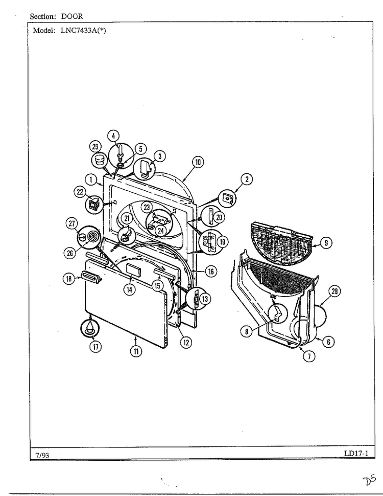 Door Diagram and Parts List for 7433A  Norge Dryer