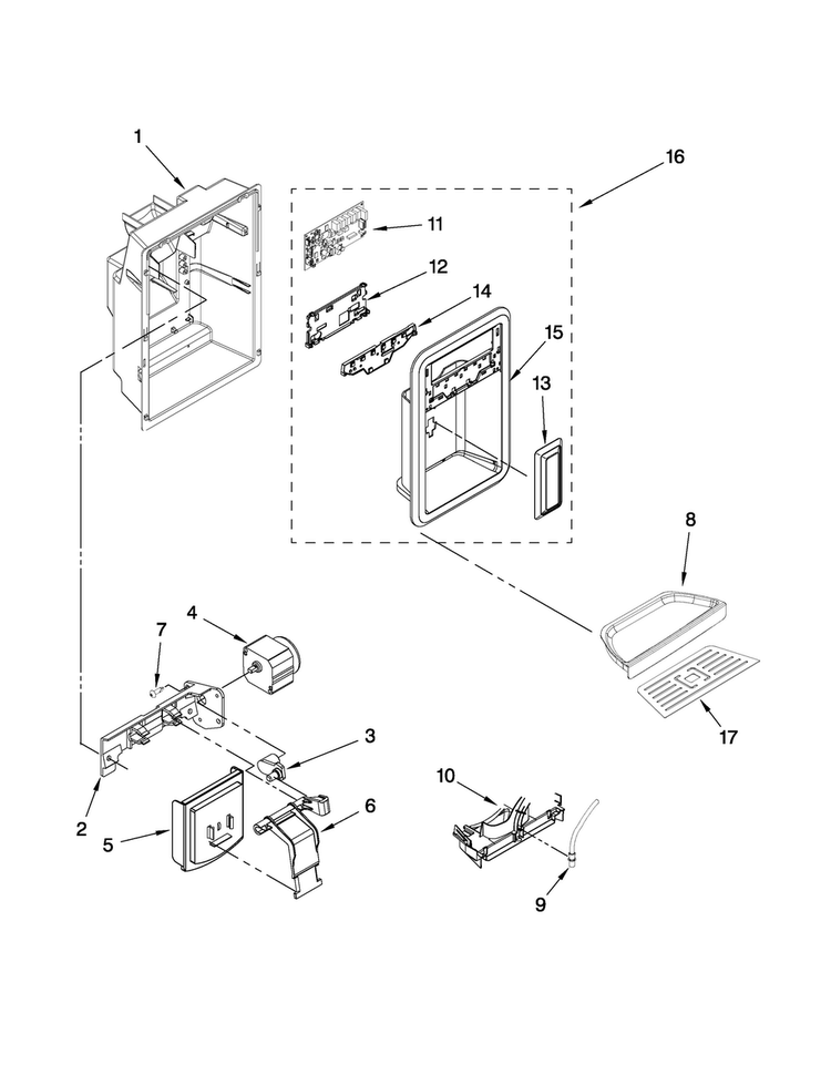 Dispenser Front Parts Diagram and Parts List for MSD2274VEM01  Maytag Refrigerator