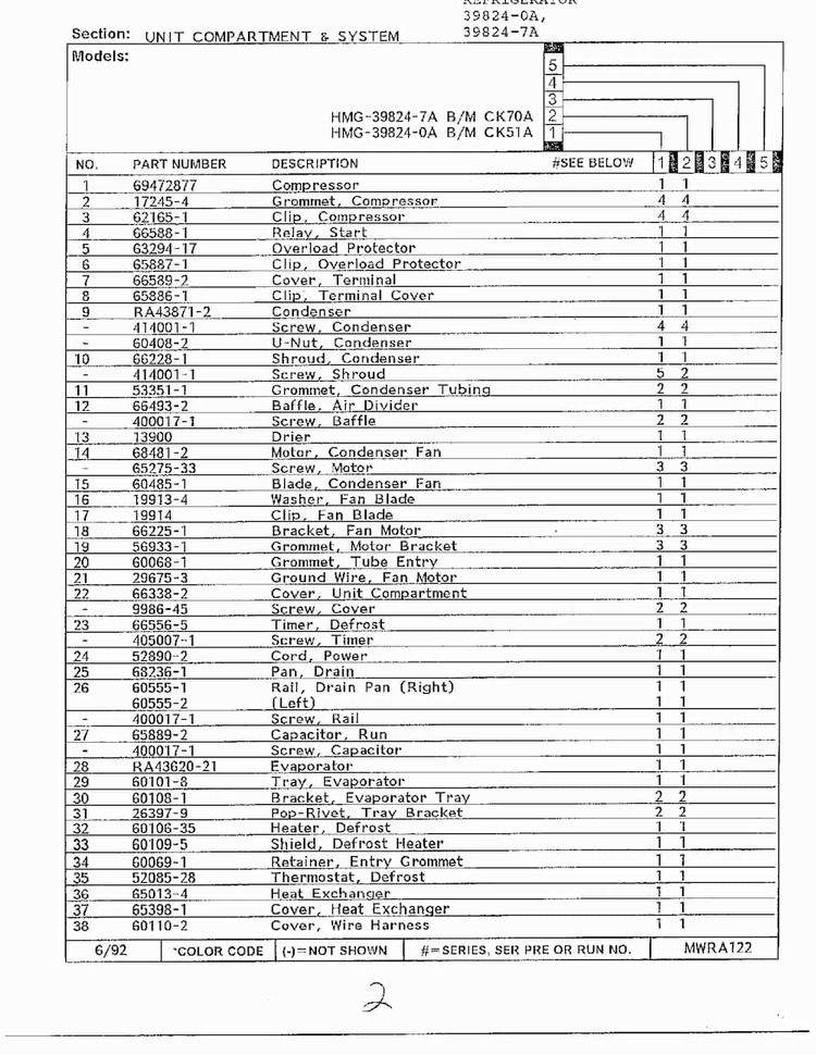Unit Compartment And System Page 2 Diagram and Parts List for 39824-7A  Admiral Refrigerator