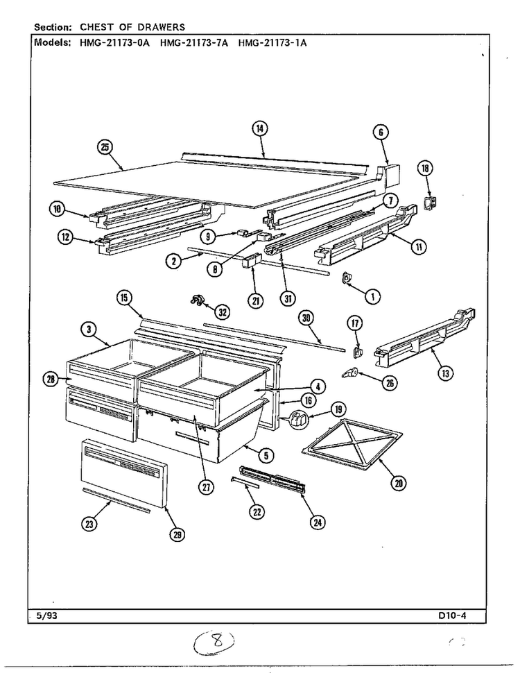 Chest Of Drawers Diagram and Parts List for 21173-0A  Admiral Refrigerator