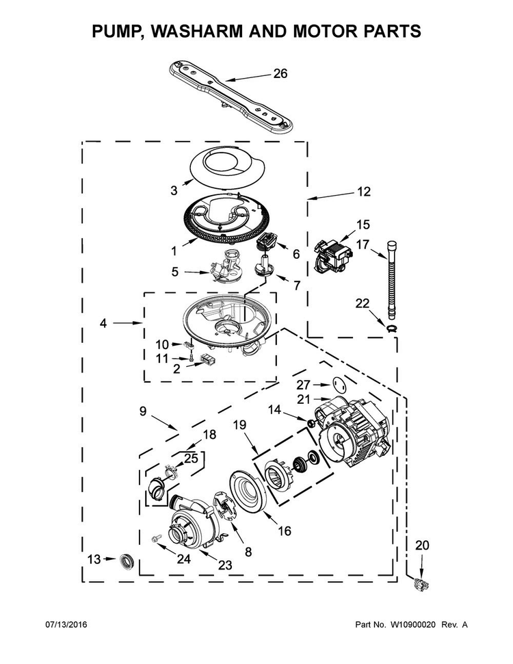 Pump, Washarm And Motor Parts Diagram and Parts List for MDB7949SDZ0  Maytag Dishwasher