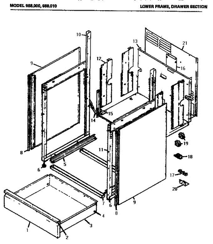 02 - Lower Frame Diagram and Parts List for 988010  Amana Range