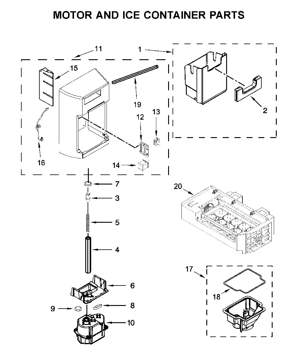 Motor And Ice Container Parts Diagram and Parts List for 10651332713  Kenmore Refrigerator