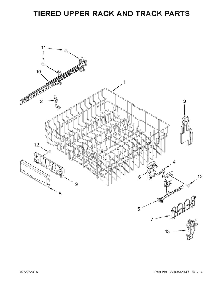 Tiered Upper Rack And Track Parts Diagram and Parts List for MDB8969SDE0  Maytag Dishwasher