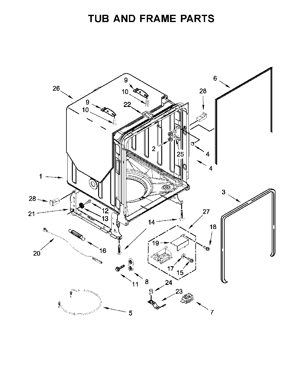 Tub And Frame Parts Diagram and Parts List for 66514752N511  Kenmore Dishwasher