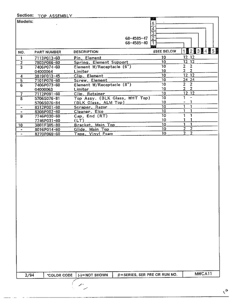 Top Assembly Page 2 Diagram and Parts List for 68-4585-40  Magic Chef Range