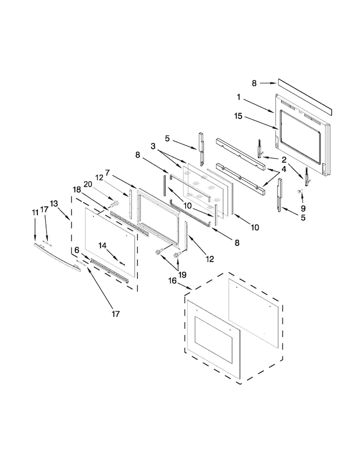Oven Door Parts Diagram and Parts List for JJW2430WR02  Jenn-Air Wall Oven