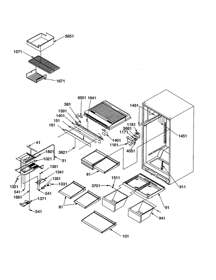 Interior Cabinet Diagram and Parts List for TR18V2E-P1315705WE  Amana Refrigerator