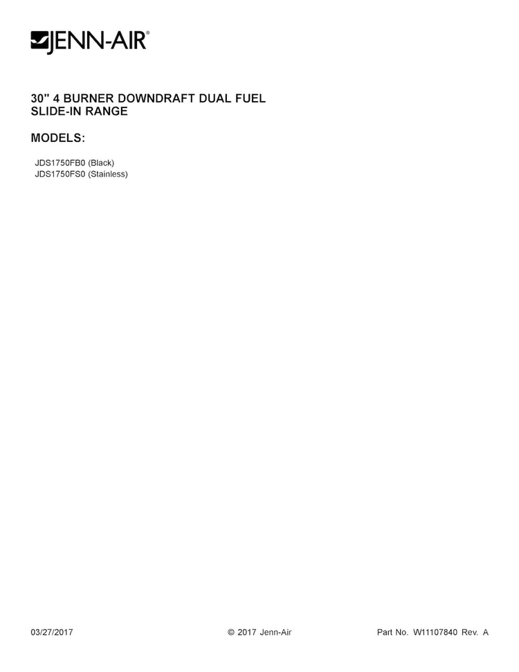Cover Sheet Diagram and Parts List for JDS1750FS0  Jenn-Air Range
