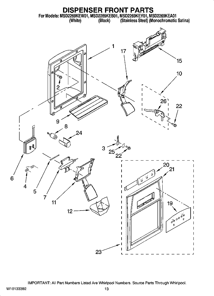 DISPENSER FRONT PARTS Diagram and Parts List for MSD2269KEW01  Maytag Refrigerator