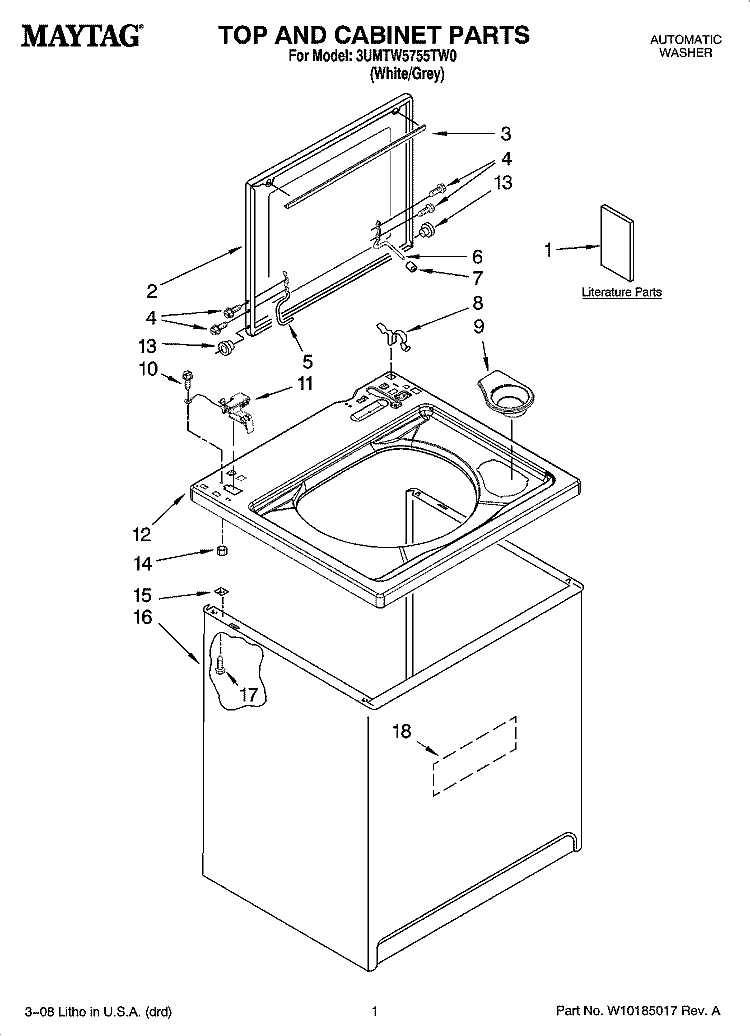TOP AND CABINET PARTS Diagram and Parts List for 3UMTW5755TW0  Maytag Washer