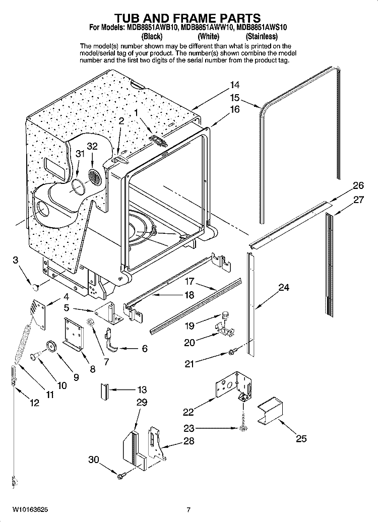 TUB AND FRAME PARTS Diagram and Parts List for MDB8851AWS10  Maytag Dishwasher