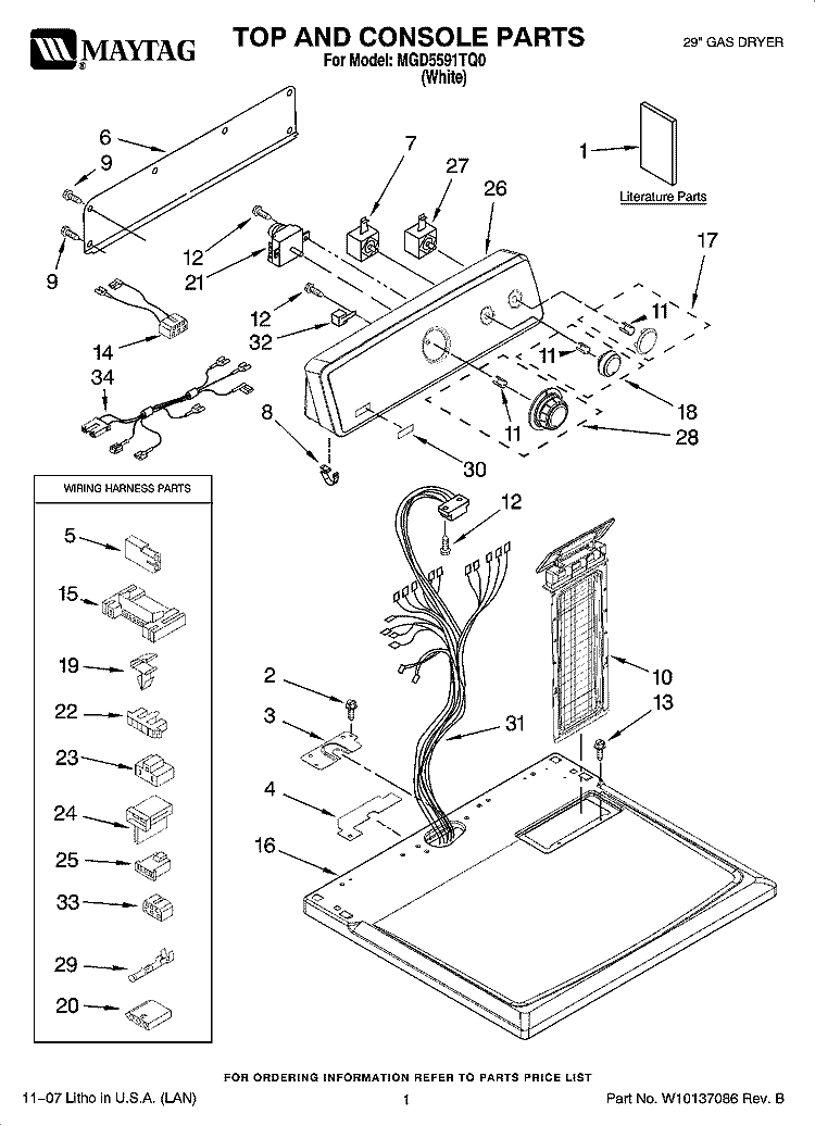 TOP AND CONSOLE PARTS Diagram and Parts List for MGD5591TQ0  Maytag Dryer