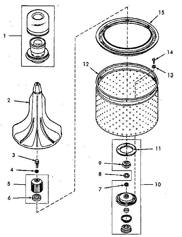 Agitator, Drive Bell, Seal Seat, Lint Fltr, Washtub & Hub Diagram and Parts List for NA8631W33921  Speed Queen Washer