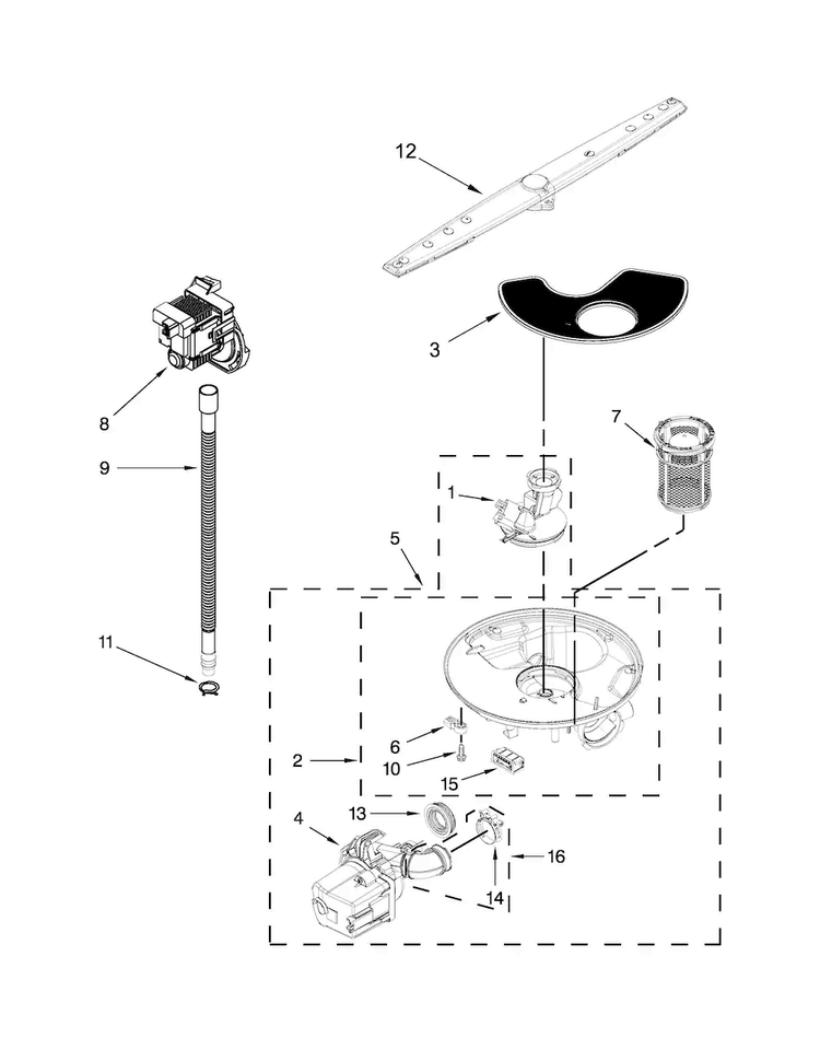 Pump, Washarm And Motor Parts Diagram and Parts List for ADB1100AWW5  Amana Dishwasher