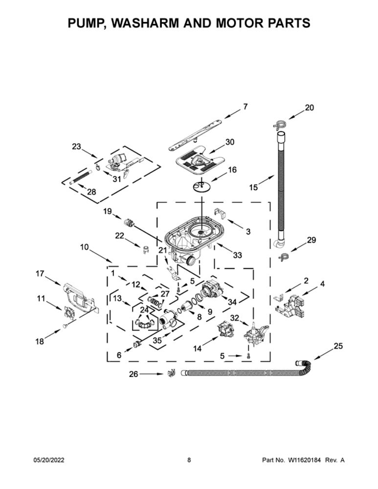Pump, Washarm And Motor Parts Diagram and Parts List for MDB9959SKZ1  Maytag Dishwasher