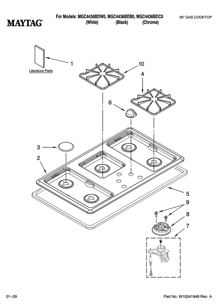 Cooktop, Burner And Grate Parts Diagram and Parts List for MGC4436BDC0  Maytag Cooktop