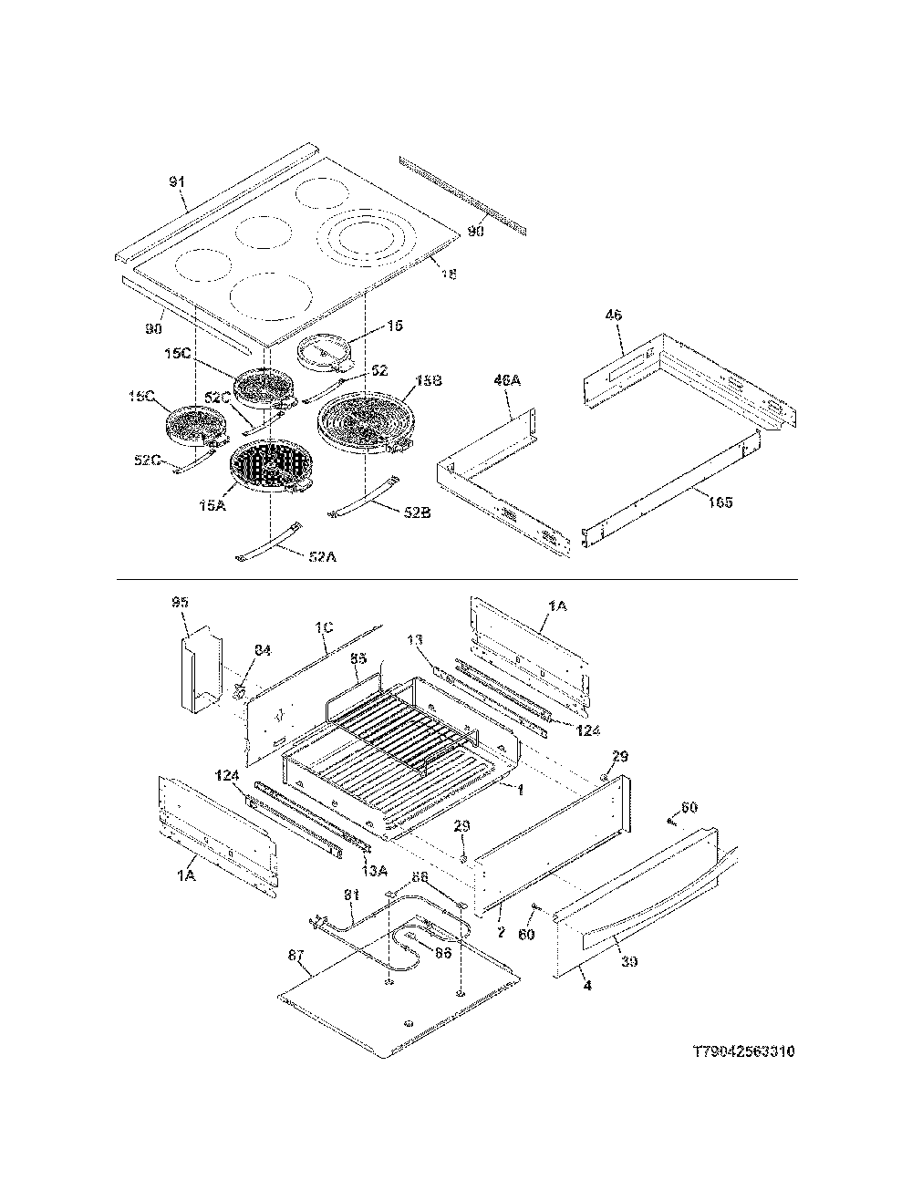Top/Drawer Diagram and Parts List for 79042562311  Kenmore Range