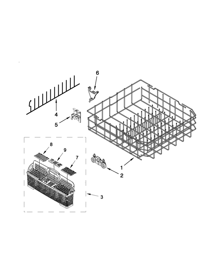 Lower Rack Parts Diagram and Parts List for JDB8000AWB1  Jenn-Air Dishwasher