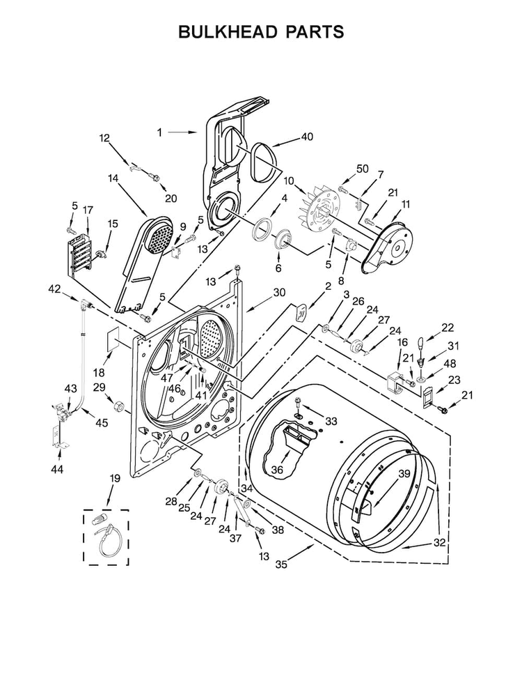 Bulkhead Parts Diagram and Parts List for MEDX6STBW0  Maytag Dryer