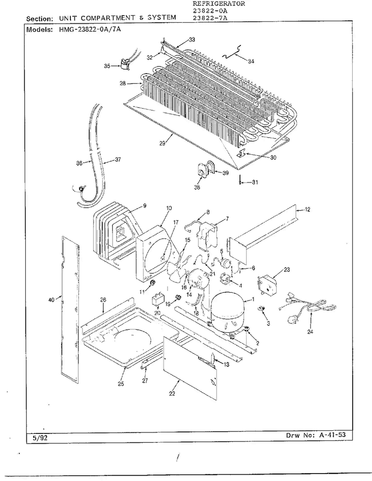 Unit Compartment And System Diagram and Parts List for 23822-7A  Admiral Refrigerator