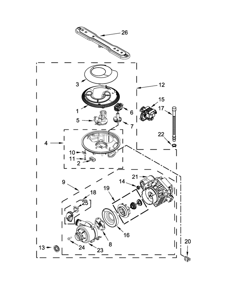 Pump, Washarm And Motor Parts Diagram and Parts List for MDB5969SDH1  Maytag Dishwasher