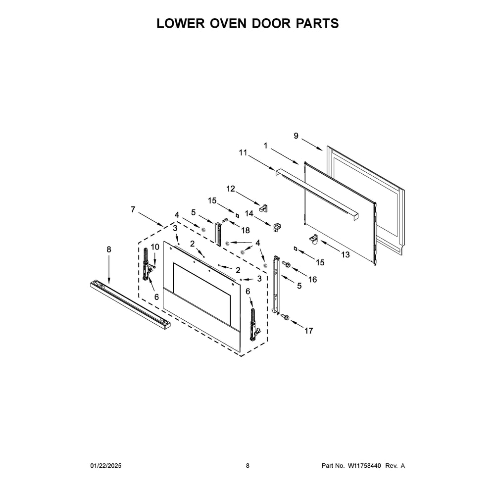 Lower Oven Door Parts Diagram and Parts List for JOEDC530RM00  Jenn-Air Wall Oven