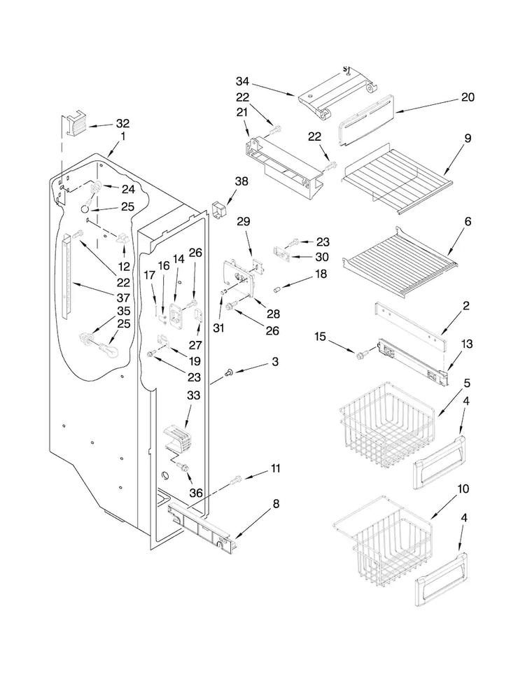 Freezer Liner Parts Diagram and Parts List for JCB2587WEY00  Jenn-Air Refrigerator