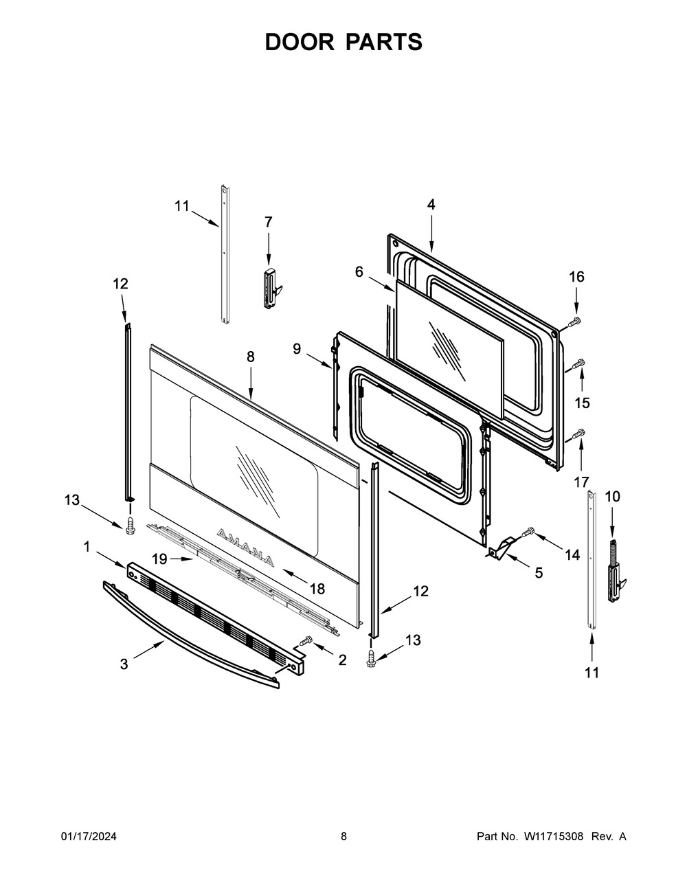 Door Parts Diagram and Parts List for ACR4303MMS2  Amana Range