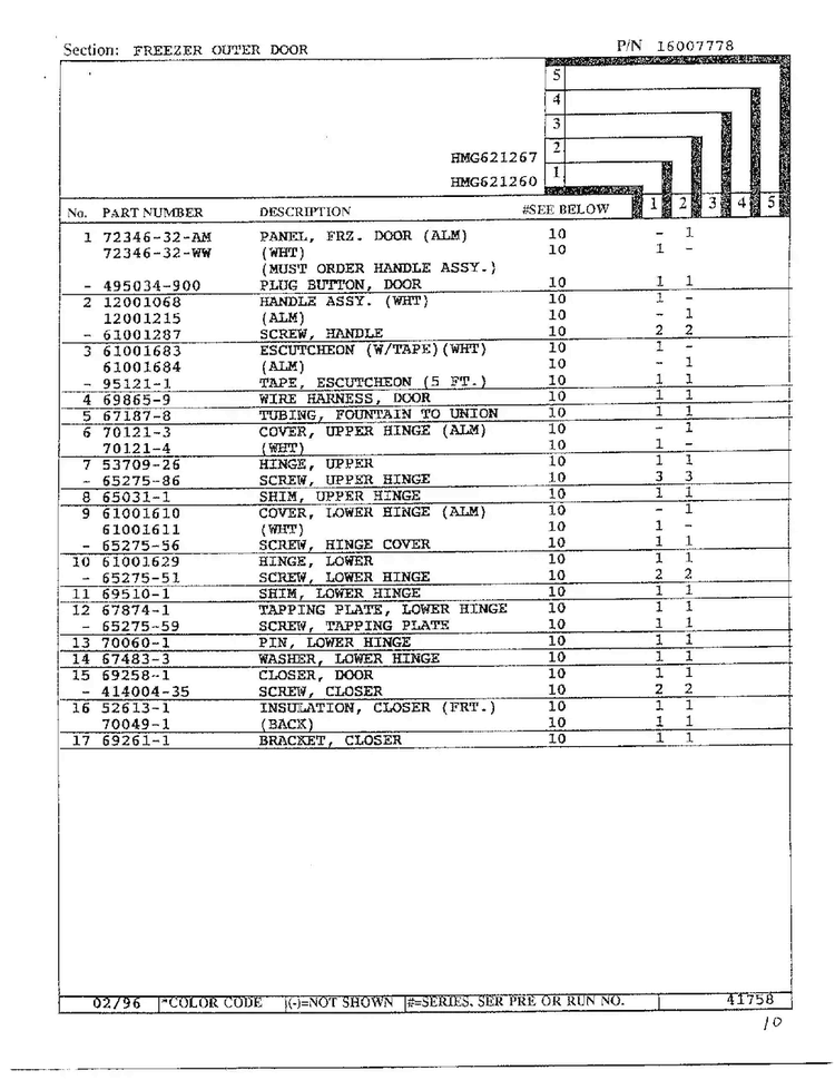 Freezer Outer Door Page 2 Diagram and Parts List for HMG621267  Admiral Refrigerator