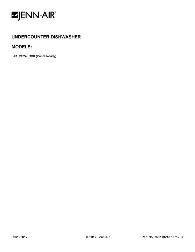 01 - Cover Sheet Diagram and Parts List for JDTSS243GX0  Jenn-Air Dishwasher