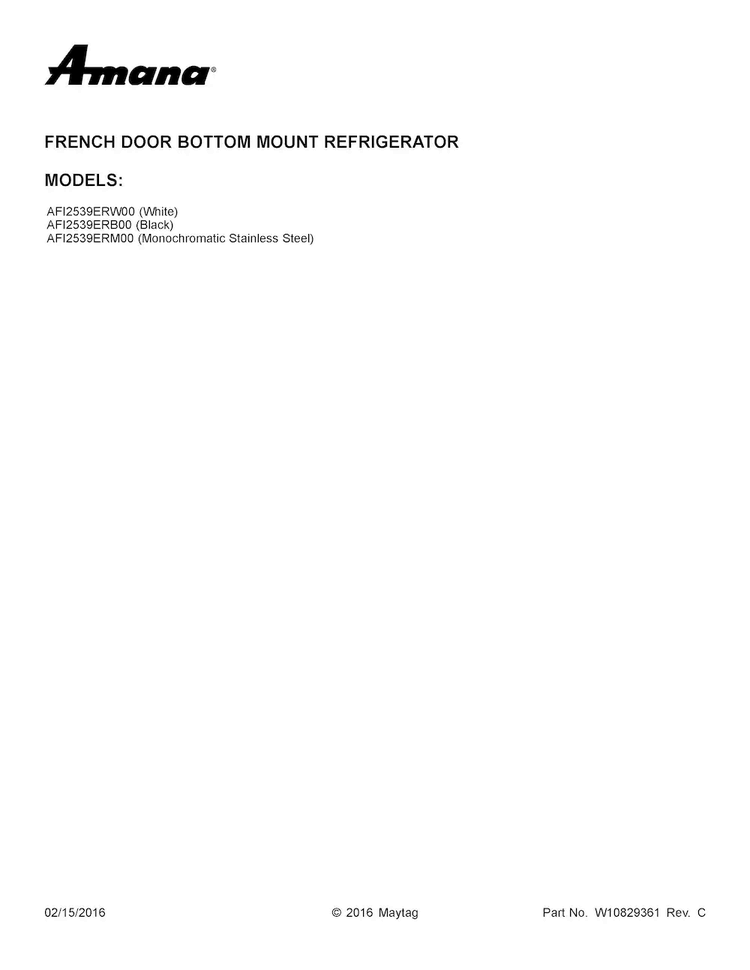 Cover Sheet Diagram and Parts List for AFI2539ERM00  Amana Refrigerator