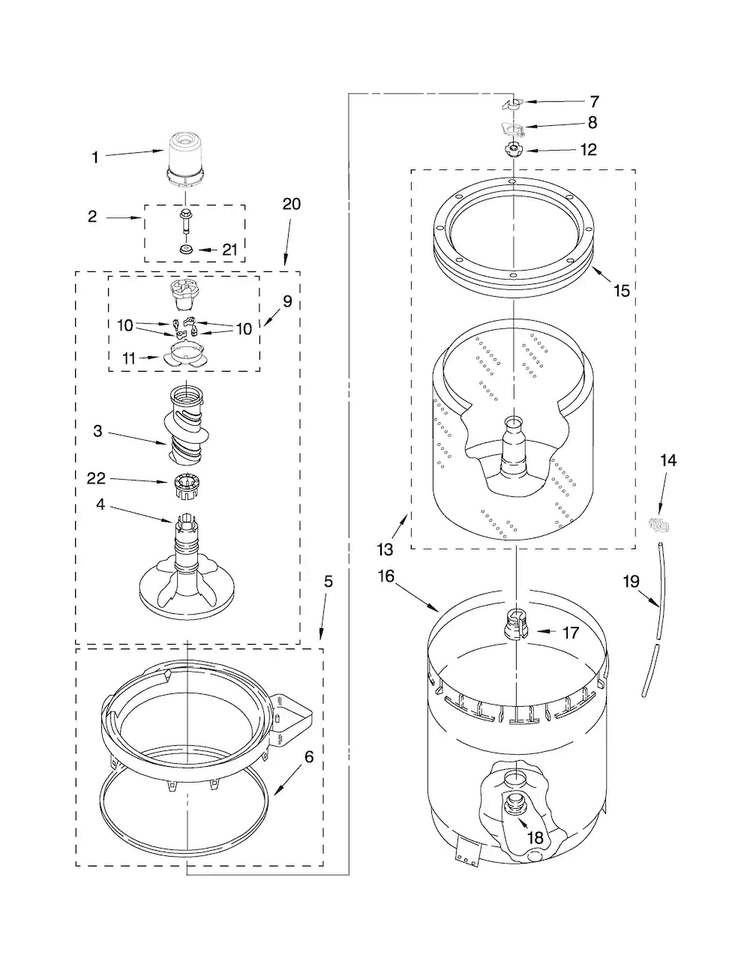 Agitator, Basket And Tub Parts Diagram and Parts List for 7MMTM0300WQ0  Maytag Washer