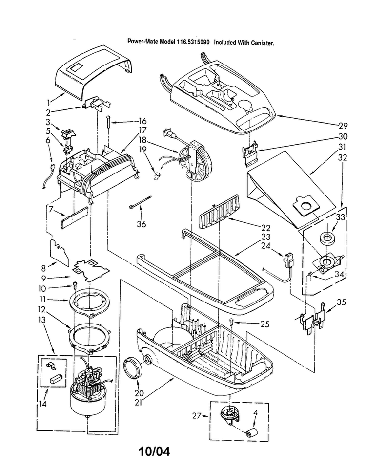 Canopy/body/wheels Diagram and Parts List for 1162335090  Kenmore Canister Vacuum
