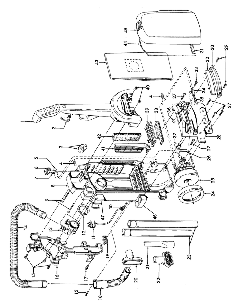 Motor, Cleaningtools, Handle, Outerbag Diagram and Parts List for U5395-950  Hoover Upright Vacuum