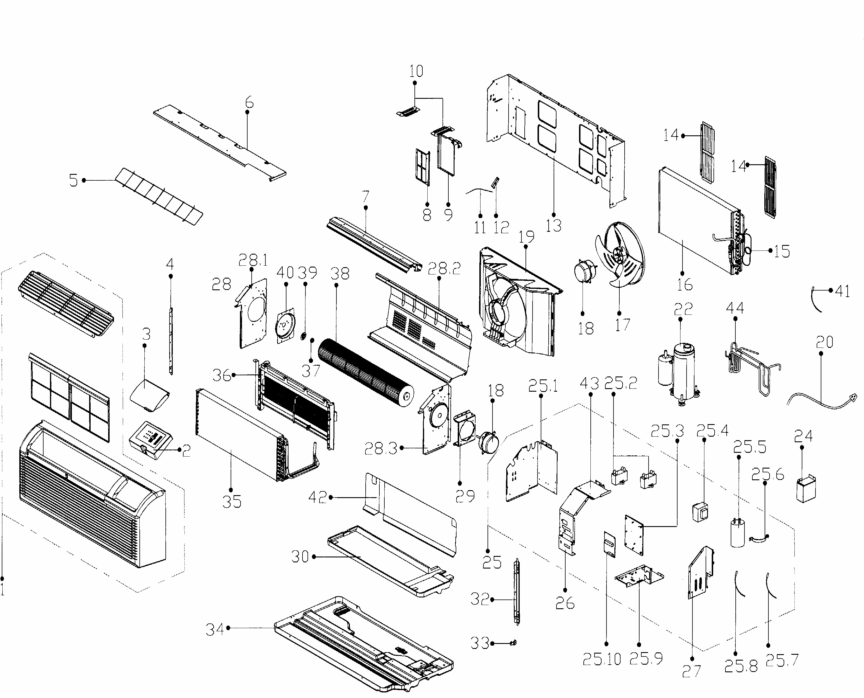 Main Asy Diagram and Parts List for MWP-12AEN1-MJ5  Maytag Air Conditioner