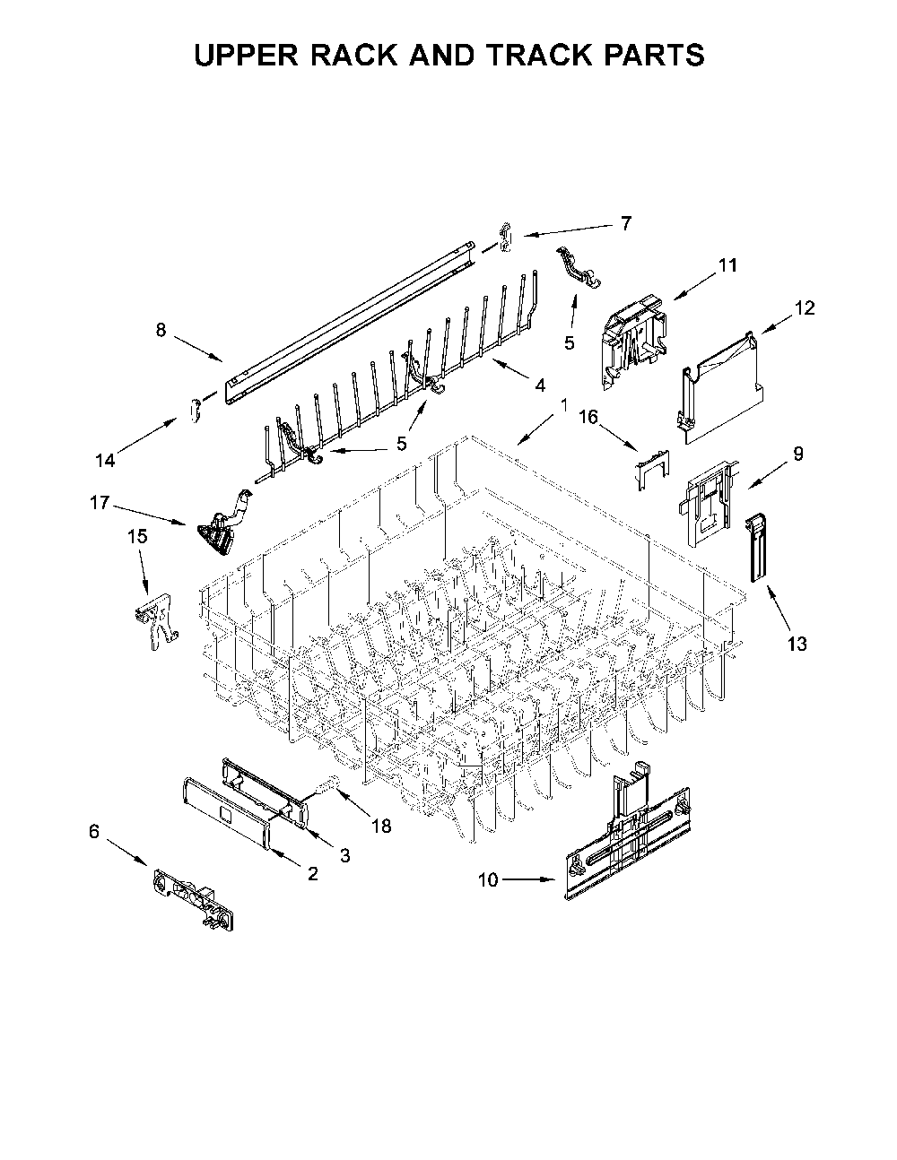 Upper Rack And Track Parts Diagram and Parts List for 66514752N512  Kenmore Dishwasher