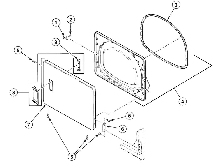 Loading Door Diagram and Parts List for SDE107WF  Speed Queen Dryer