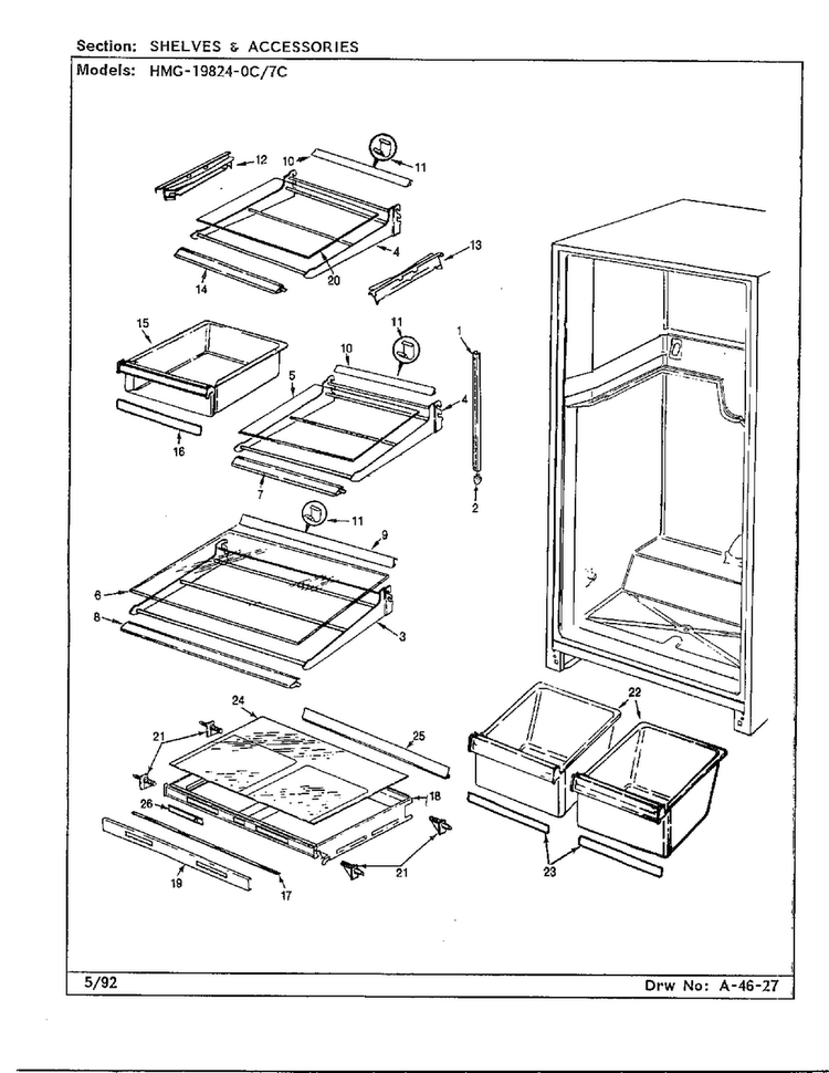 Shelves And Accessories Diagram and Parts List for 19824-0C  Admiral Refrigerator