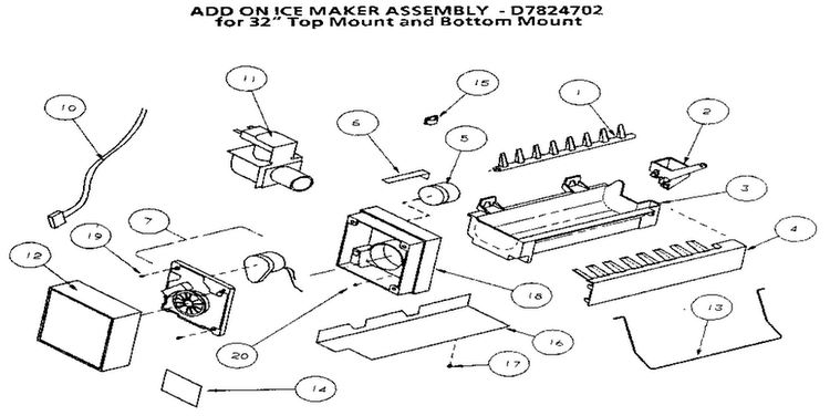 Add On Ice Maker Assembly - D7824702 Diagram and Parts List for 86068-P1125513  Amana Refrigerator