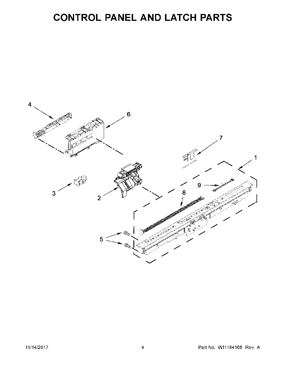 Control Panel And Latch Parts Diagram and Parts List for 66512793K314  Kenmore Dishwasher