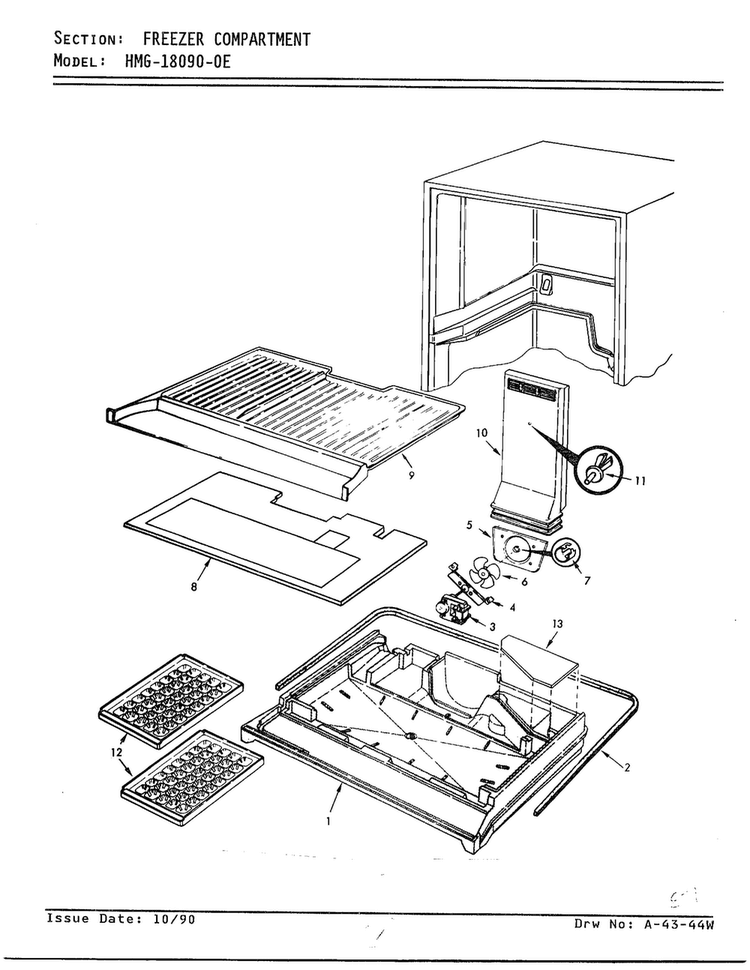 Freezer Compartment Diagram and Parts List for 18090-OA  Admiral Refrigerator