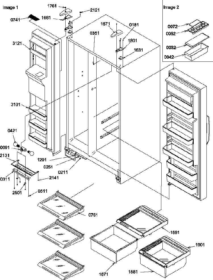 Refrigerator/freezer Shelves, Lights, And Hinges Diagram and Parts List for SQD25TW-P1190427WW  Amana Refrigerator