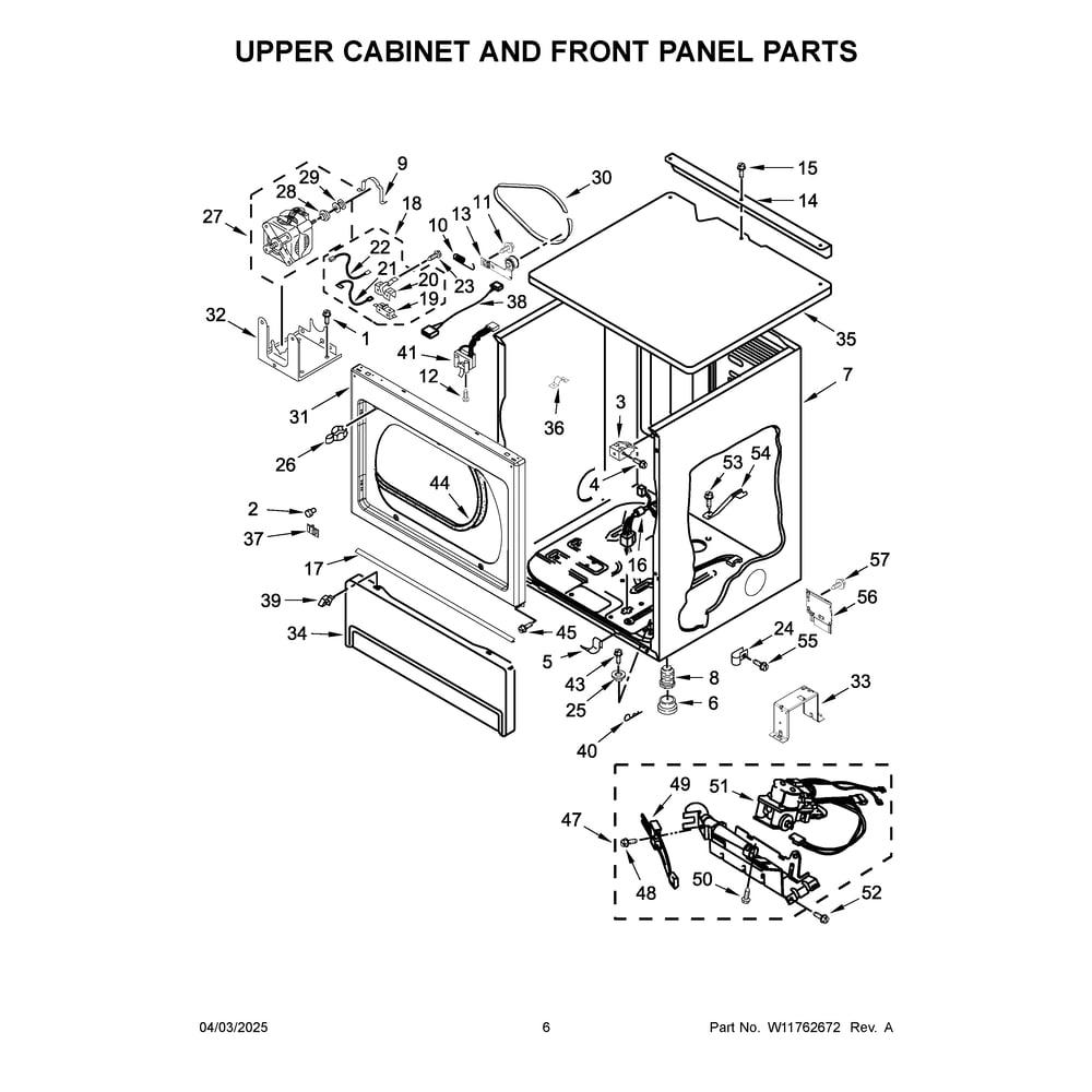 Upper Cabinet And Front Panel Parts Diagram and Parts List for MLG26PRLWW0  Maytag Dryer